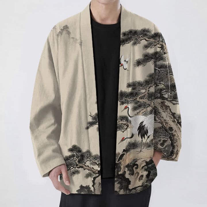 Buddha Stones 綿松鶴柄のオープンフロントメンズ着物 - ベージュ - US/UK/AU48、 EU58 (4XL) - image 0