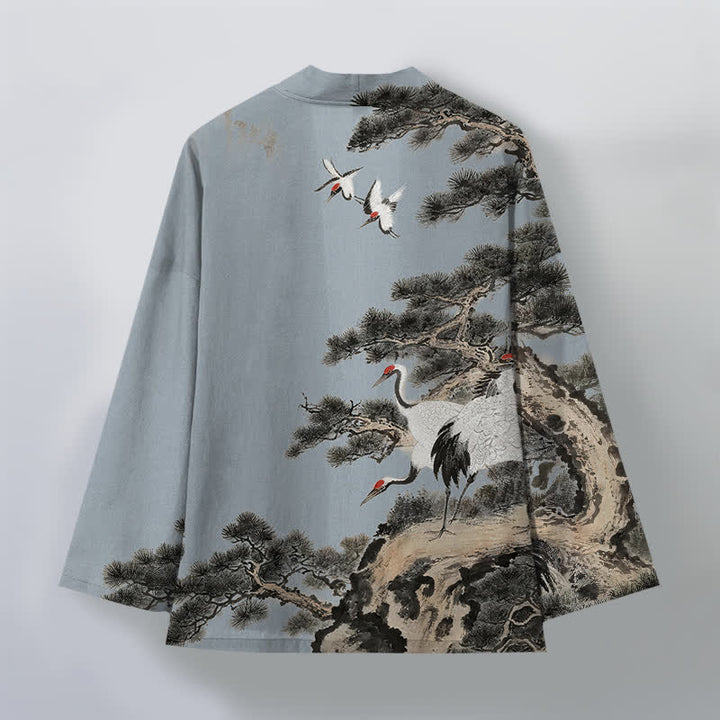 Buddha Stones 綿松鶴柄のオープンフロントメンズ着物 - image 8