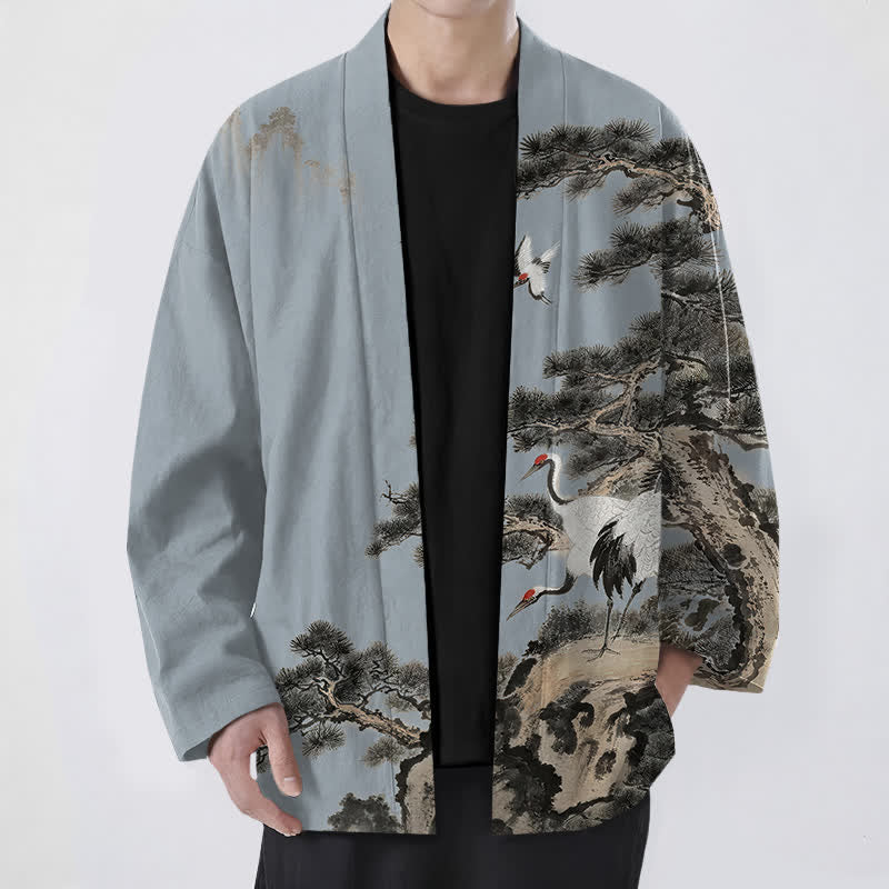Buddha Stones 綿松鶴柄のオープンフロントメンズ着物 - ライトスチールブルー - US/UK/AU48、 EU58 (4XL) - image 6