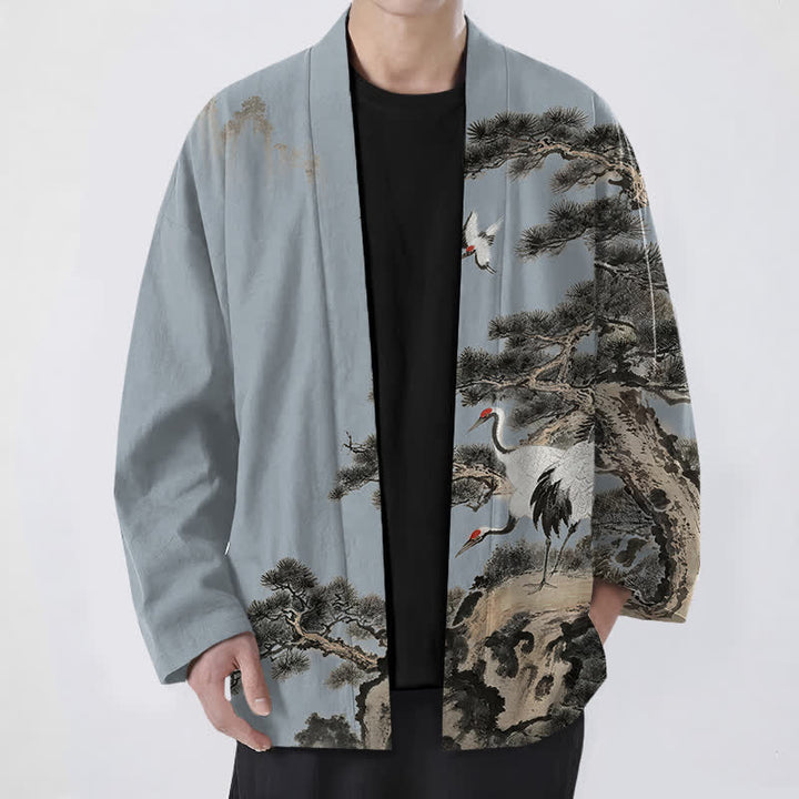 Buddha Stones 綿松鶴柄のオープンフロントメンズ着物 - ライトスチールブルー - US/UK/AU48、 EU58 (4XL) - image 6