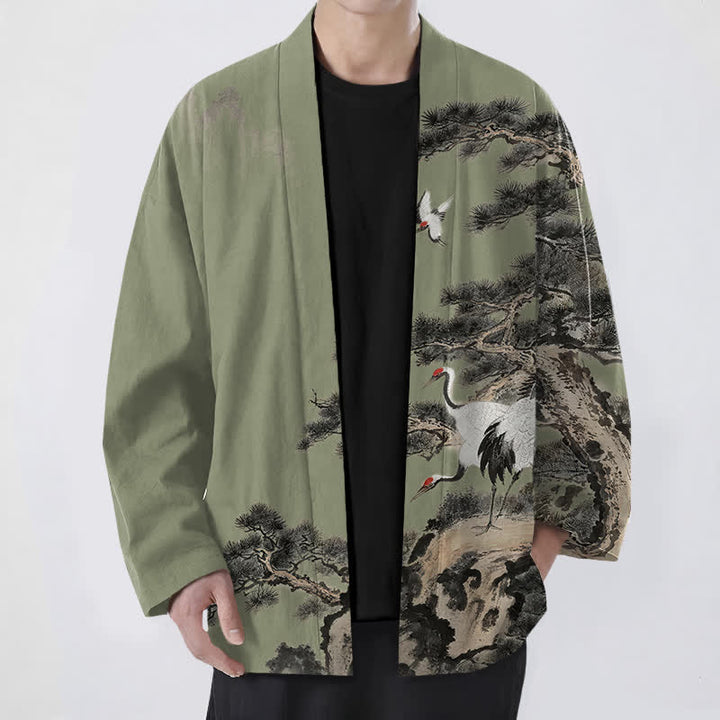Buddha Stones 綿松鶴柄のオープンフロントメンズ着物 - オリーブドラブ - US/UK/AU48、 EU58 (4XL) - image 9