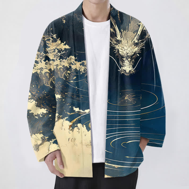 Buddha Stones 綿素材、金龍雲波模様、前開きメンズ着物 - 海軍 - US/UK/AU48、 EU58 (4XL) - image 0