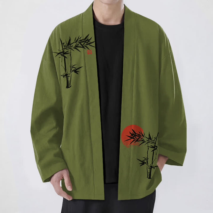 Buddha Stones 綿竹製、赤い太陽模様、前開きメンズ着物 - オリーブドラブ - US/UK/AU48、 EU58 (4XL) - image 0