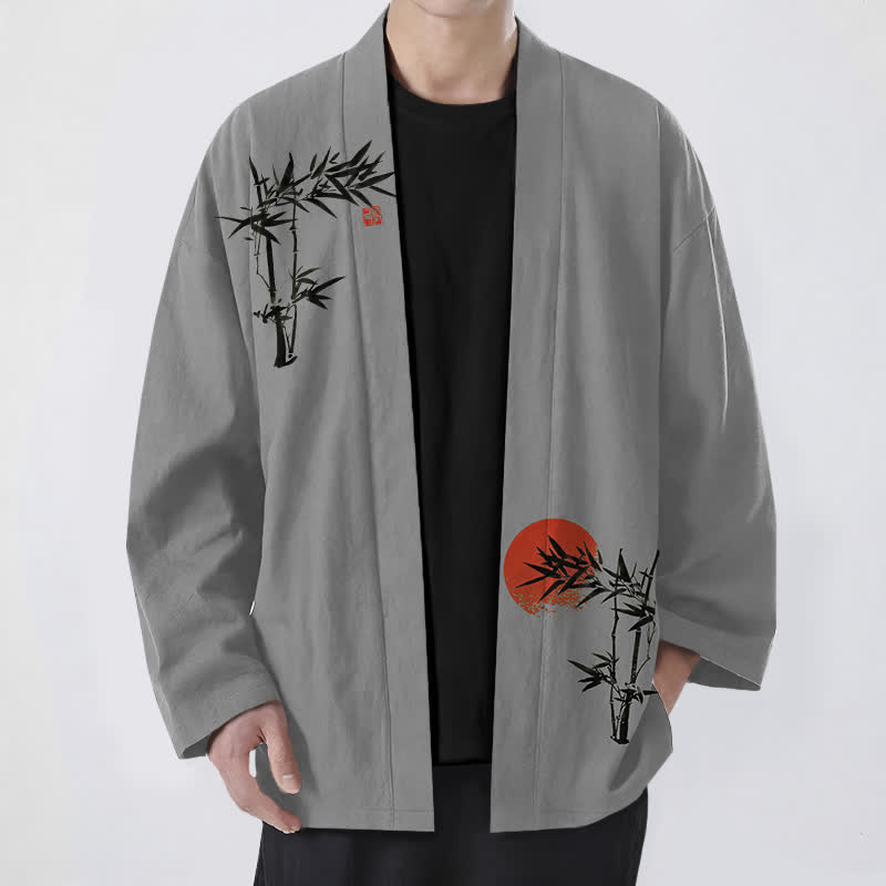 Buddha Stones 綿竹製、赤い太陽模様、前開きメンズ着物 - ダークグレー - US/UK/AU48、 EU58 (4XL) - image 6