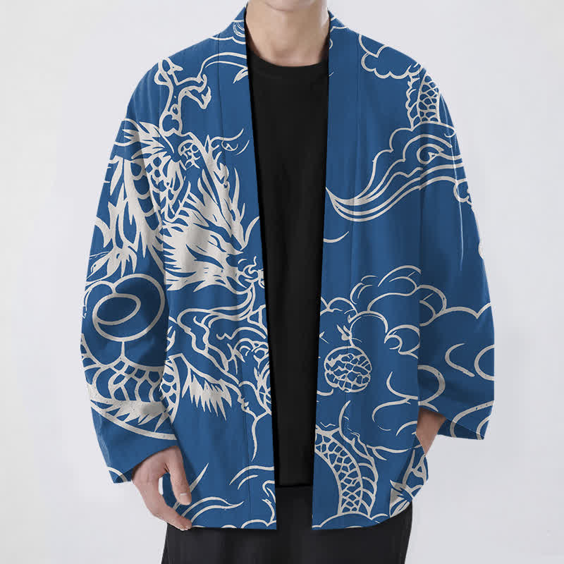 Buddha Stones 綿素材の白龍雲柄前開きメンズ着物 - ロイヤルブルー - US/UK/AU48、 EU58 (4XL) - image 0