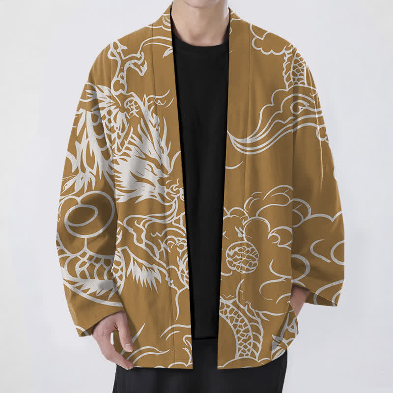 Buddha Stones 綿素材の白龍雲柄前開きメンズ着物 - ゴールデンロッド - US/UK/AU48、 EU58 (4XL) - image 6