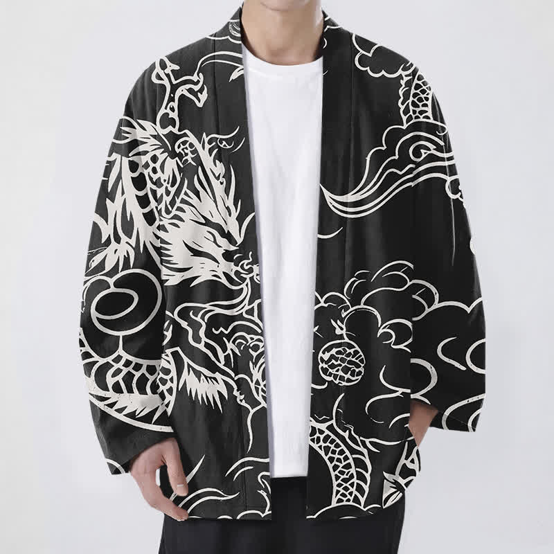 Buddha Stones 綿素材の白龍雲柄前開きメンズ着物 - 黒 - US/UK/AU48、 EU58 (4XL) - image 9