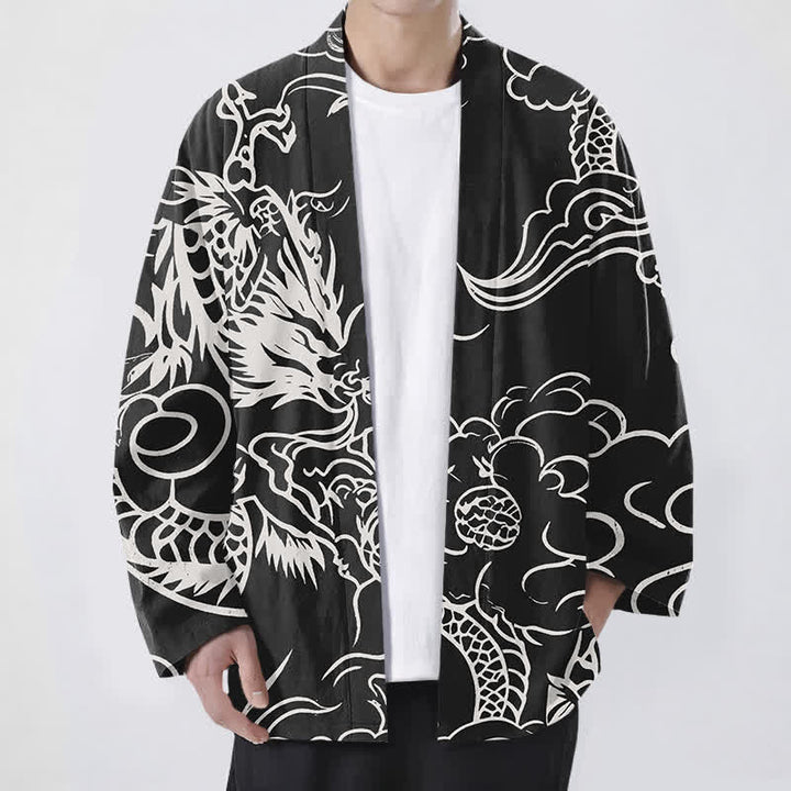 Buddha Stones 綿素材の白龍雲柄前開きメンズ着物 - 黒 - US/UK/AU48、 EU58 (4XL) - image 9