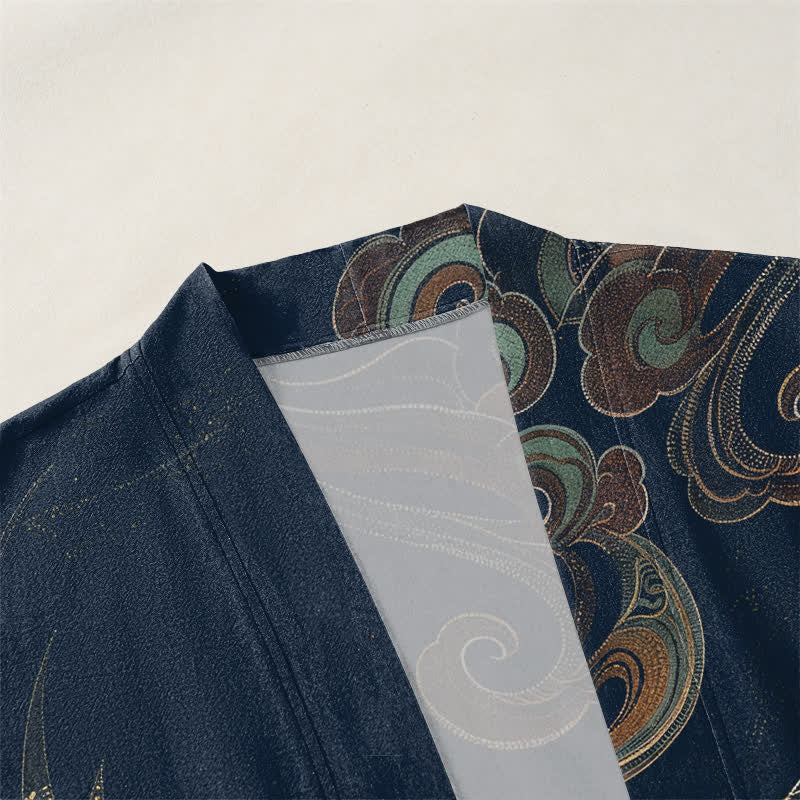 Buddha Stones 綿素材、金鶴雲柄、前開きメンズ着物 - image 3