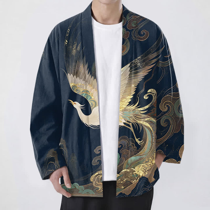 Buddha Stones 綿素材、金鶴雲柄、前開きメンズ着物 - 海軍 - US/UK/AU48、 EU58 (4XL) - image 0