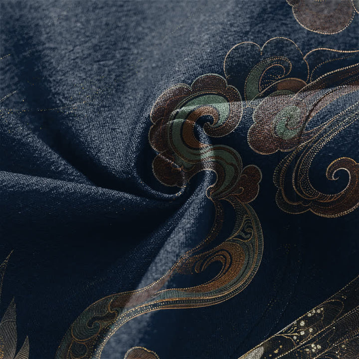 Buddha Stones 綿素材、金鶴雲柄、前開きメンズ着物 - image 5