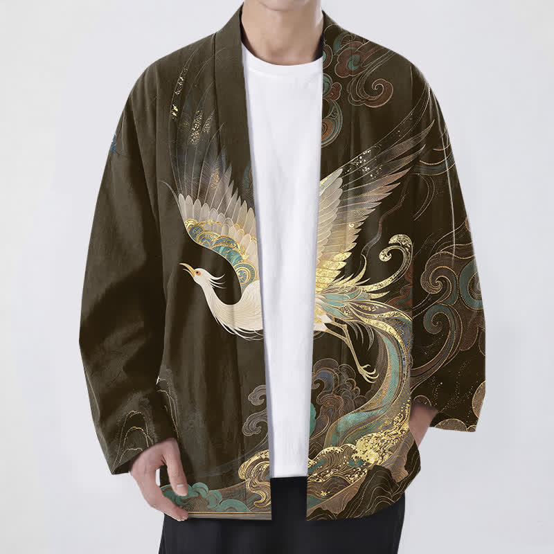Buddha Stones 綿素材、金鶴雲柄、前開きメンズ着物 - サドルブラウン - US/UK/AU48、 EU58 (4XL) - image 6