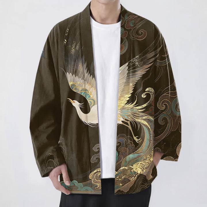 Buddha Stones 綿素材、金鶴雲柄、前開きメンズ着物 - サドルブラウン - US/UK/AU48、 EU58 (4XL) - image 6