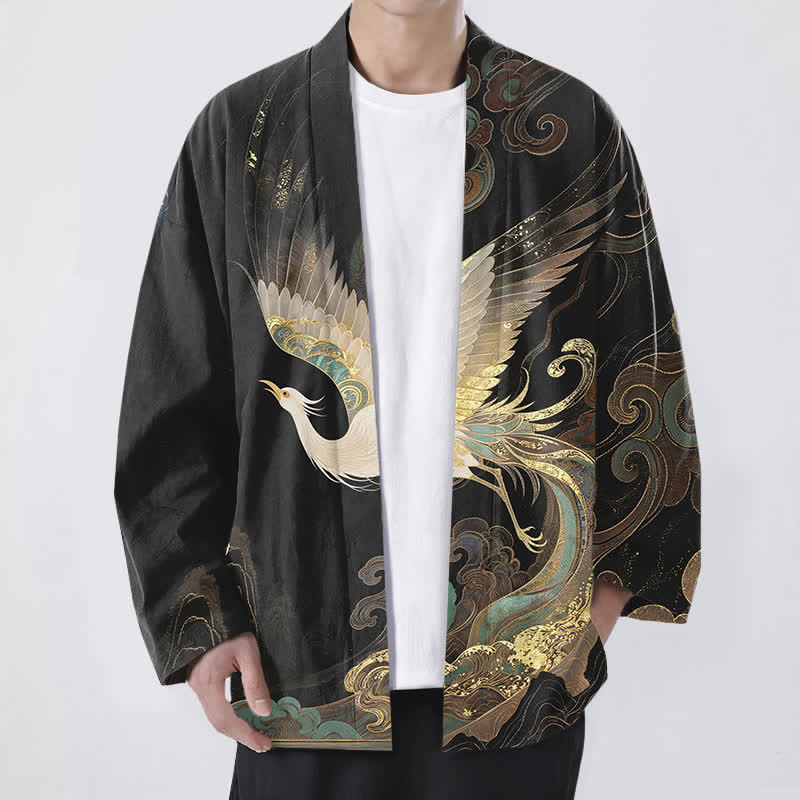 Buddha Stones 綿素材、金鶴雲柄、前開きメンズ着物 - 黒 - US/UK/AU48、 EU58 (4XL) - image 9