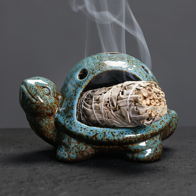 Buddha Stones 陶器製の亀型香炉 - 青 - image 0