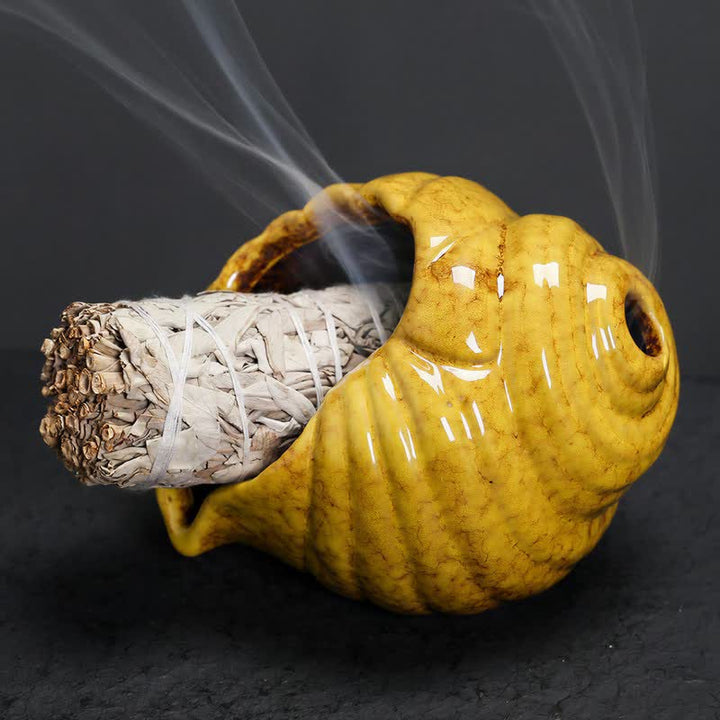 Buddha Stones 陶器製シャンカ浄化用巻貝香炉 - 黄色 - image 13