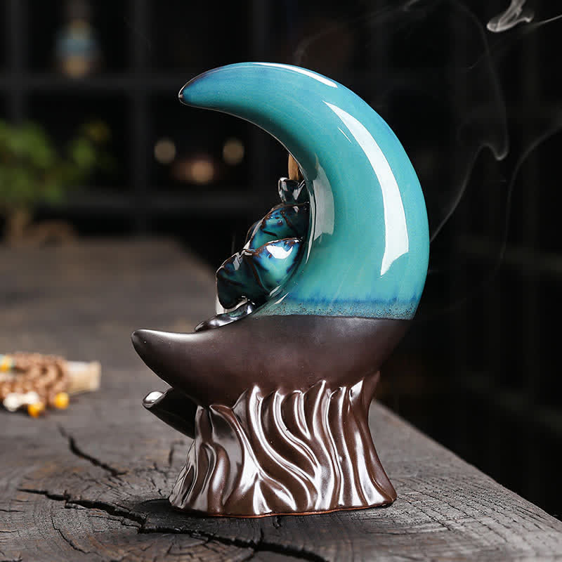 Buddha Stones 紫粘土製三日月蓮悟り逆流香炉 - image 1