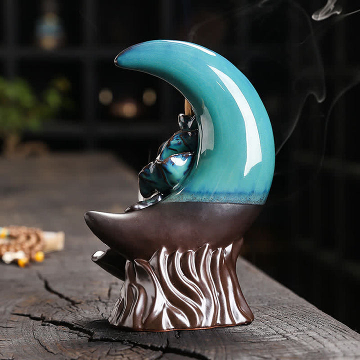 Buddha Stones 紫粘土製三日月蓮悟り逆流香炉 - image 1