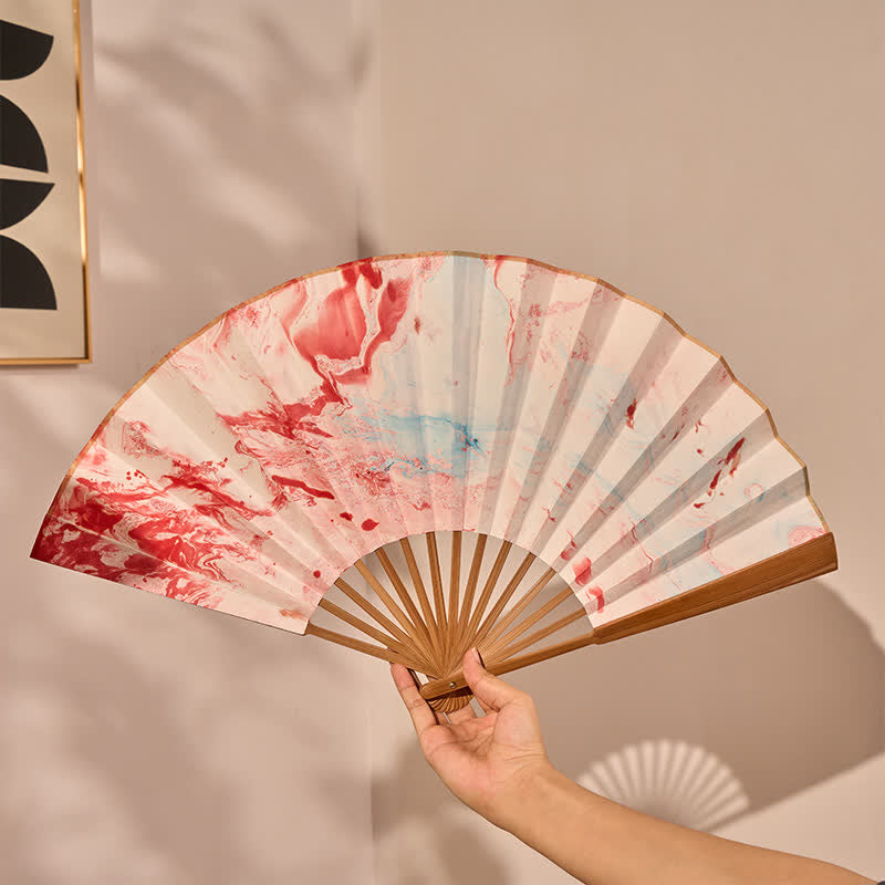 Buddha Stones ピンクと青の漆塗り浮遊模様墨竹紙折りたたみ扇子 - image 3