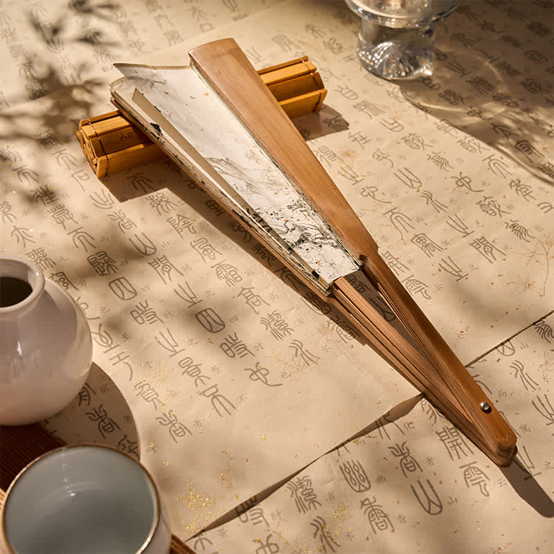 Buddha Stones 黒金漆浮模様墨竹紙折りたたみ扇子 - image 5