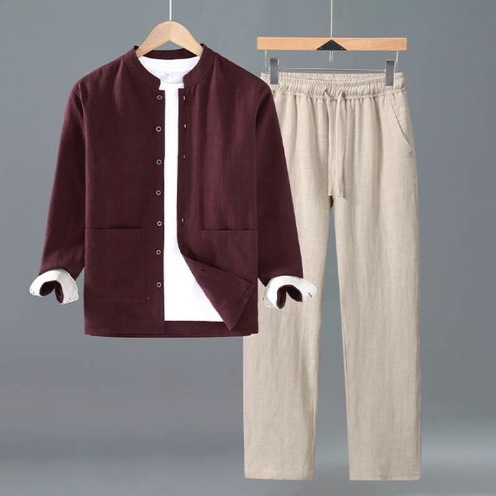 Buddha Stones 春秋冬向け唐風ミニマリストボタンアップ無地ラミー長袖シャツパンツメンズ瞑想服ポケット付き - えんじ色のシャツ、ベージュのパンツ - US/UK/AU42、 EU52 (3XL) - image 10