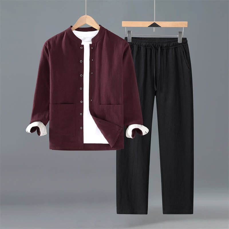 Buddha Stones 春秋冬向け唐風ミニマリストボタンアップ無地ラミー長袖シャツパンツメンズ瞑想服ポケット付き - えんじ色のシャツ、黒いパンツ - US/UK/AU42、 EU52 (3XL) - image 11
