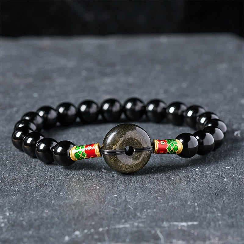 Buddha Stones ゴールデンシーンオブシディアン平和のお守りチャームブラックオブシディアン鯉の保護ラウンドビーズブレスレット - 黒曜石と金色の光沢を持つ黒曜石（手首周り：15～16cm） - image 0