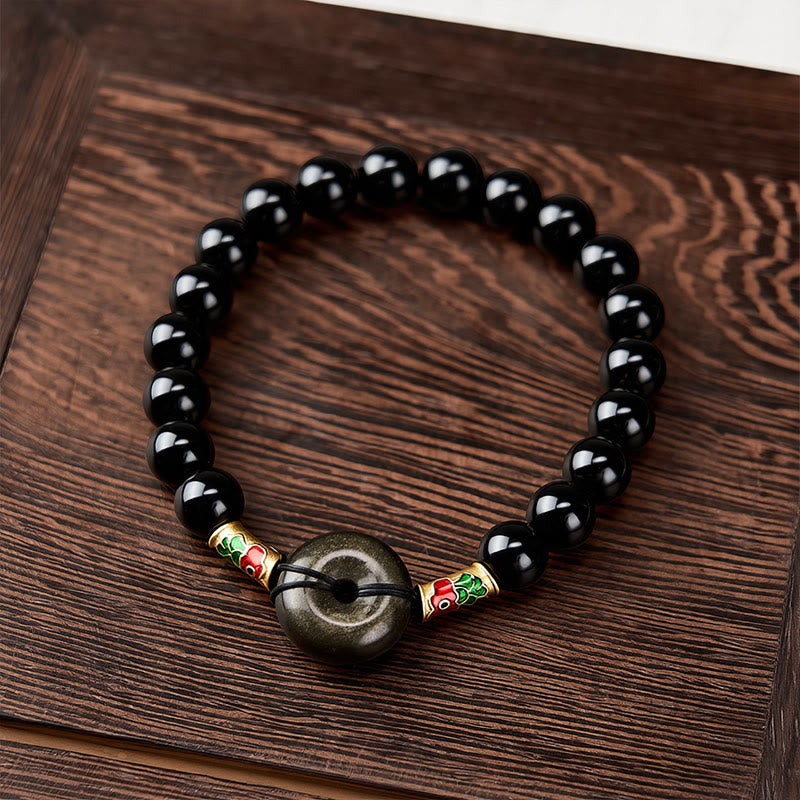 Buddha Stones ゴールデンシーンオブシディアン平和のお守りチャームブラックオブシディアン鯉の保護ラウンドビーズブレスレット - image 1