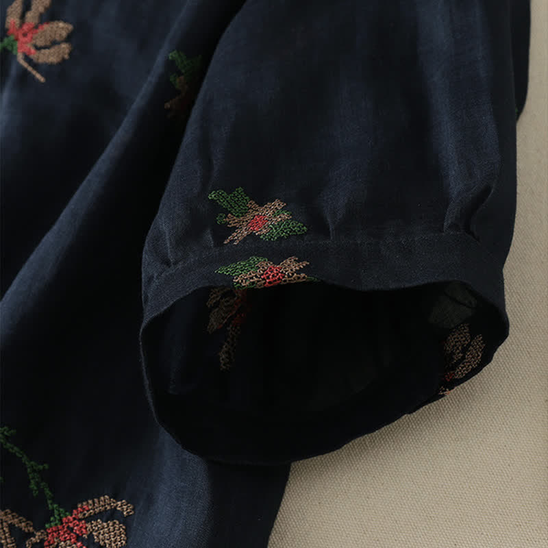 Buddha Stones 夏物カジュアル刺繍入り花柄レディース半袖シャツ - image 6