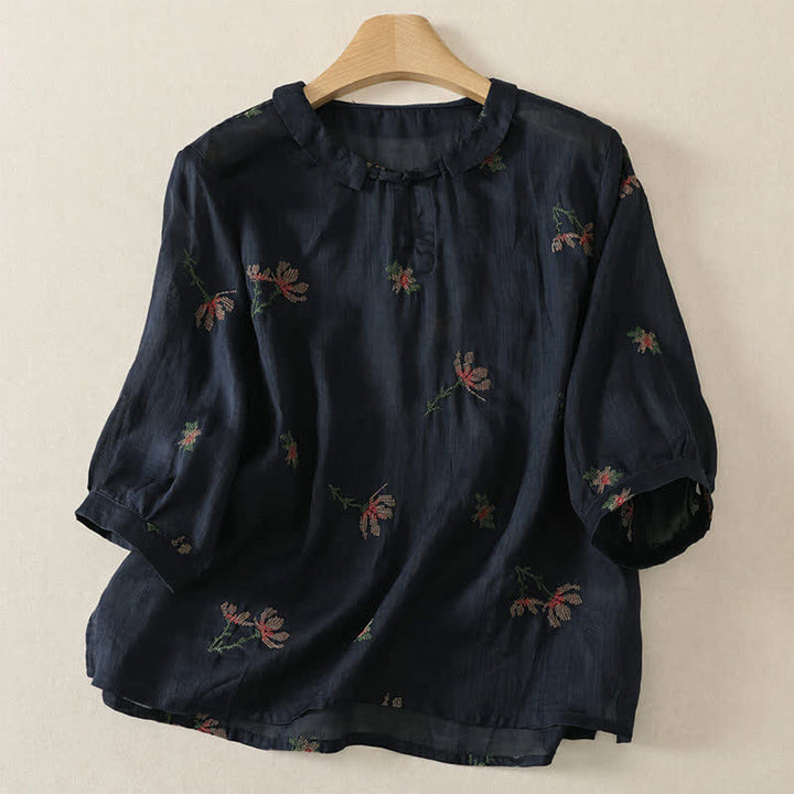 Buddha Stones 夏物カジュアル刺繍入り花柄レディース半袖シャツ - ミッドナイトブルー - US12, UK/AU16, EU44 （2XL） - image 4