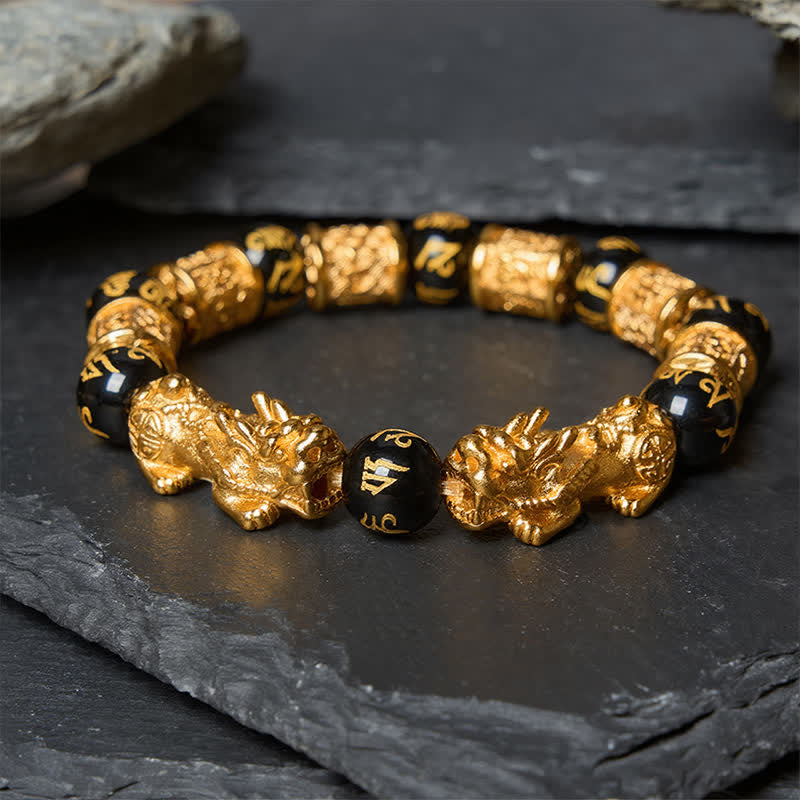 Buddha Stones ブラックゴールド 貔貅（ひきゅう）オーム・マニ・パドメ・フム富の丸玉ブレスレット - 貔貅ブレスレット（手首周り：17～18cm） - image 0
