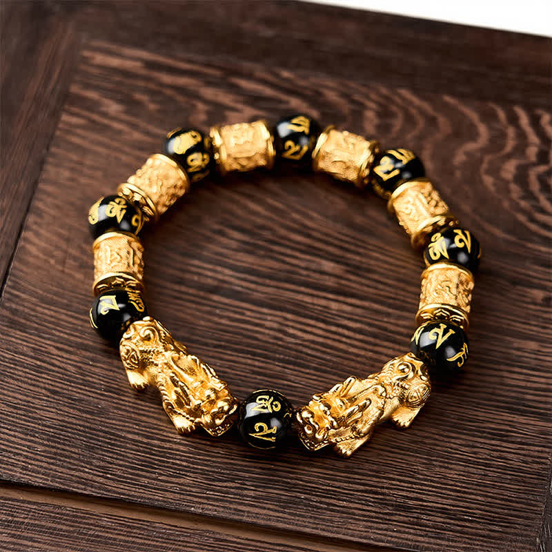 Buddha Stones ブラックゴールド 貔貅（ひきゅう）オーム・マニ・パドメ・フム富の丸玉ブレスレット - image 1