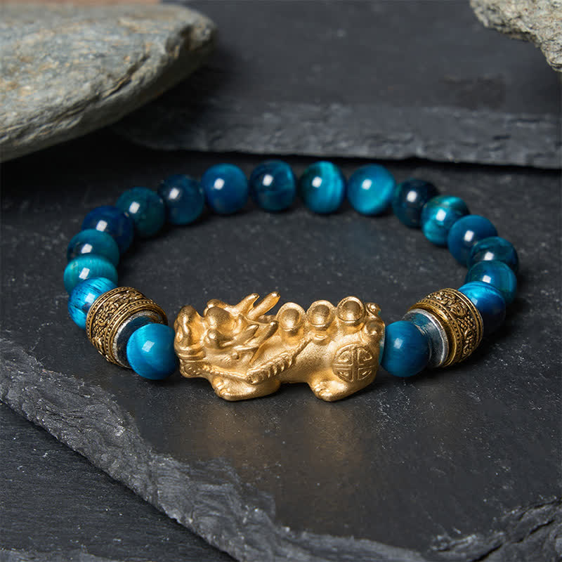 Buddha Stones ブルータイガーアイビーズ入り貔貅（ひきゅう）富と勇気のブレスレット - ブルータイガーアイ（手首周り：15～16cm） - image 0