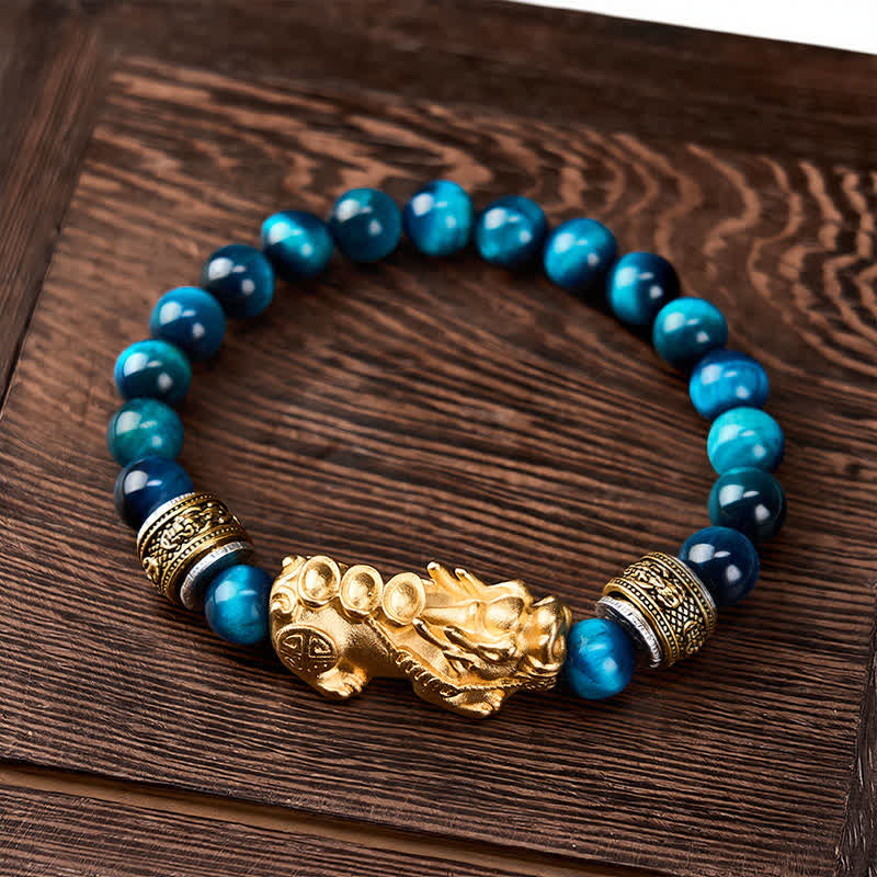 Buddha Stones ブルータイガーアイビーズ入り貔貅（ひきゅう）富と勇気のブレスレット - image 1