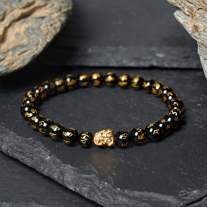 Buddha Stones ブラックオニキスオーム・マニ・パドメ・フム合金貔貅（ひきゅう）強さブレスレット - ブラックオニキス（手首周り：14～15cm） - image 0