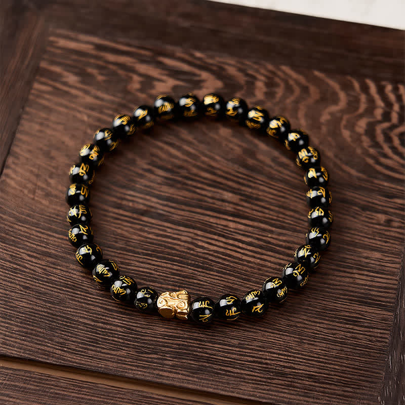 Buddha Stones ブラックオニキスオーム・マニ・パドメ・フム合金貔貅（ひきゅう）強さブレスレット - image 1
