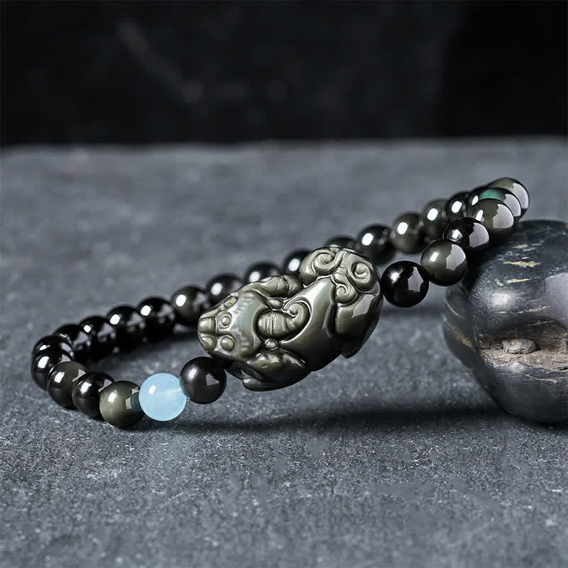 Buddha Stones レインボーオブシディアン貔貅ブレスレット（富とポジティブな変化をもたらす） - 貔貅（ひきゅう）6mm（手首周り：14～15cm） - image 0
