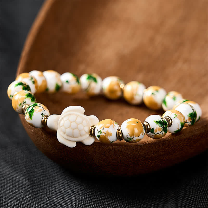 Buddha Stones 天然ホワイトターコイズ製亀のデザインの開運財運ブレスレット - 白磁（手首周り：16～17cm） - image 0