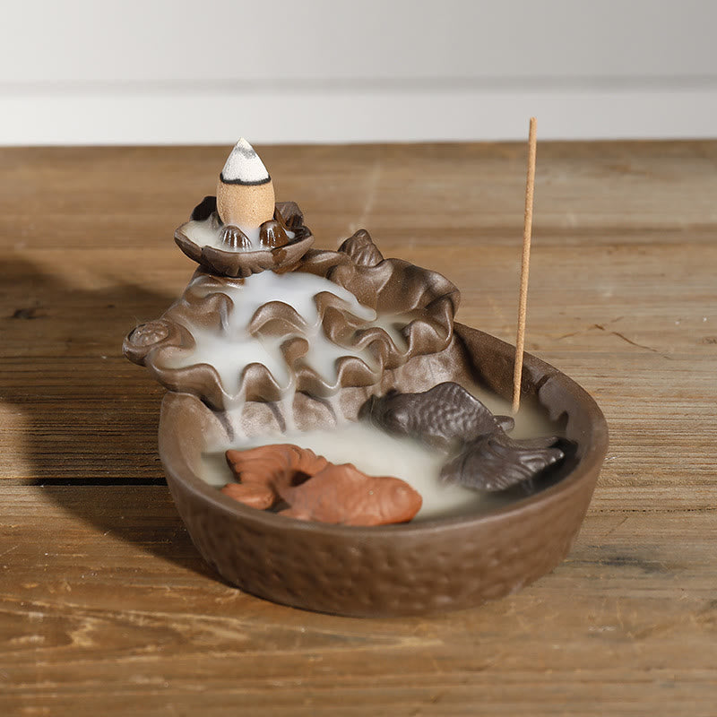 Buddha Stones 紫粘土製の鯉と蓮の平和を象徴する逆流香炉 - パープルクレイ（癒しと安らぎ） - image 0