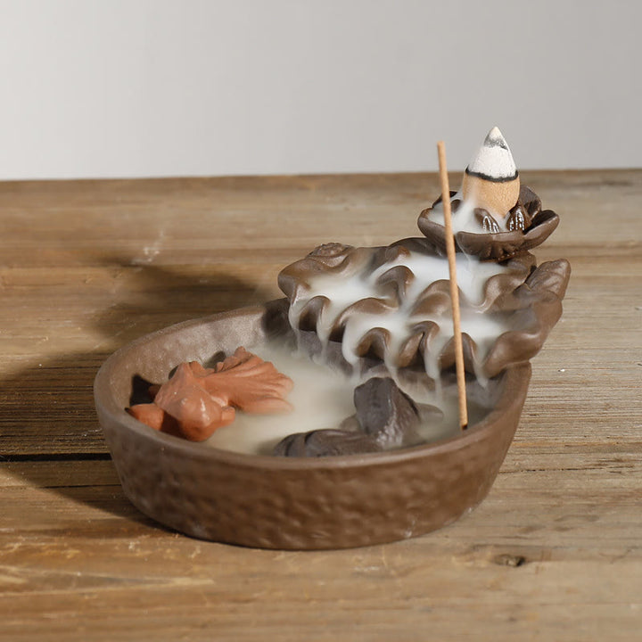 Buddha Stones 紫粘土製の鯉と蓮の平和を象徴する逆流香炉 - image 2