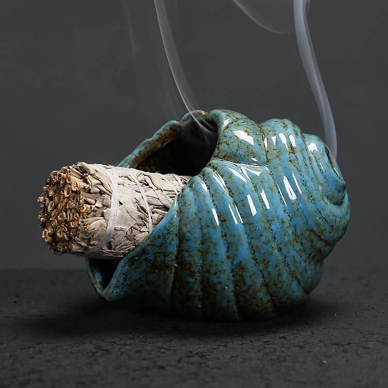Buddha Stones 陶器製シャンカ浄化用巻貝香炉 - 青 - image 0