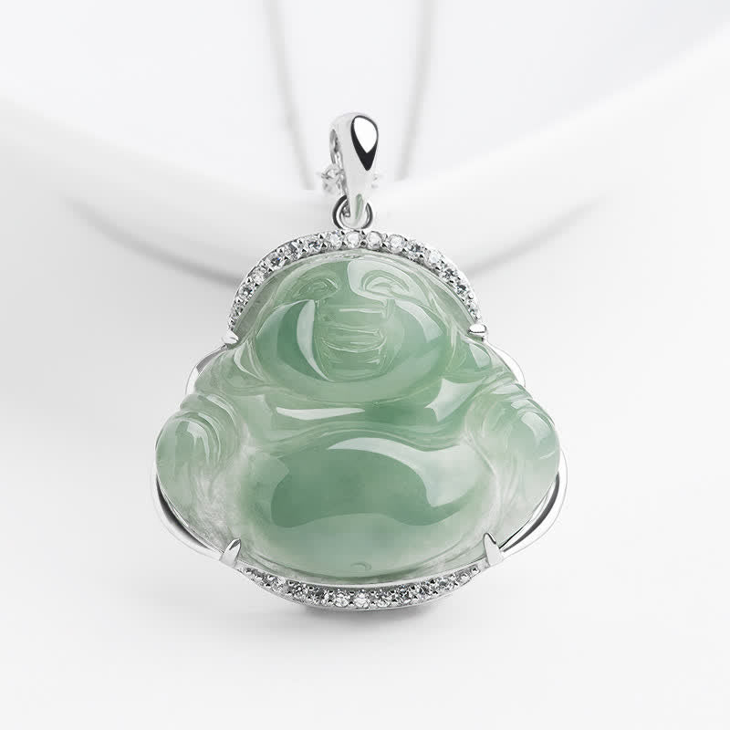 Buddha Stones 925スターリングシルバー象嵌グリーンジェイド笑う仏陀幸運ペンダントチタン鋼チェーンネックレス - 翡翠（幸運♥守護） - チタン鋼チェーン - image 0