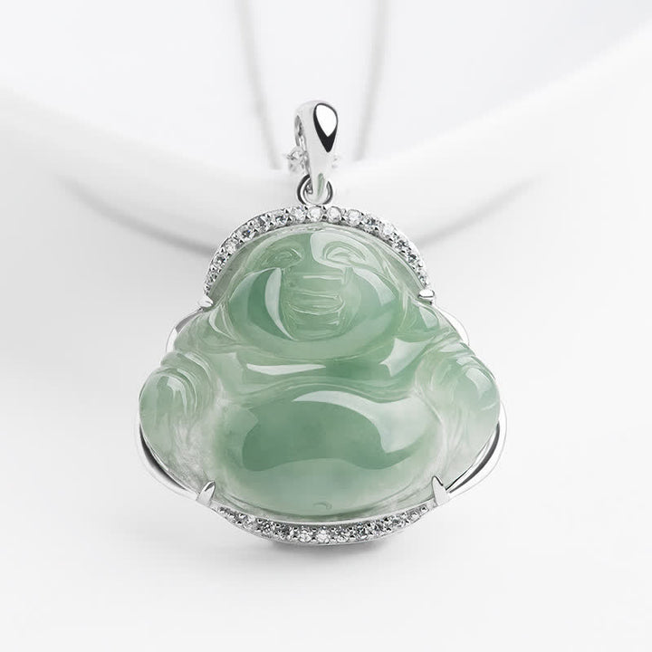 Buddha Stones 925スターリングシルバー象嵌グリーンジェイド笑う仏陀幸運ペンダントチタン鋼チェーンネックレス - 翡翠（幸運♥守護） - チタン鋼チェーン - image 0