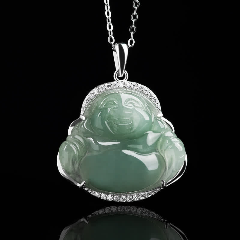 Buddha Stones 925スターリングシルバー象嵌グリーンジェイド笑う仏陀幸運ペンダントチタン鋼チェーンネックレス - image 4