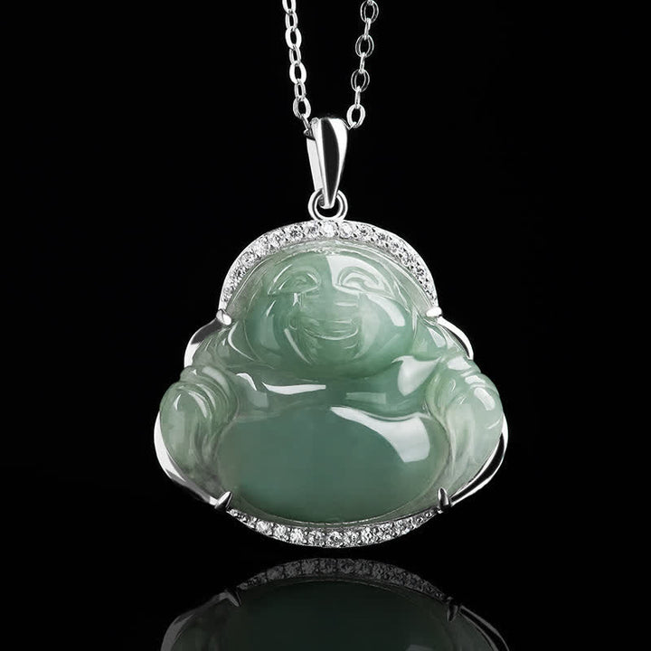 Buddha Stones 925スターリングシルバー象嵌グリーンジェイド笑う仏陀幸運ペンダントチタン鋼チェーンネックレス - image 4