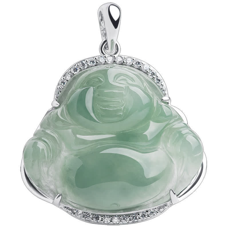 Buddha Stones 925スターリングシルバー象嵌グリーンジェイド笑う仏陀幸運ペンダントチタン鋼チェーンネックレス - image 10