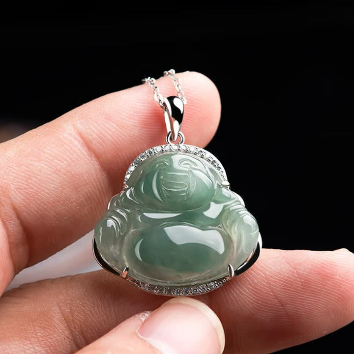 Buddha Stones 925スターリングシルバー象嵌グリーンジェイド笑う仏陀幸運ペンダントチタン鋼チェーンネックレス - image 7