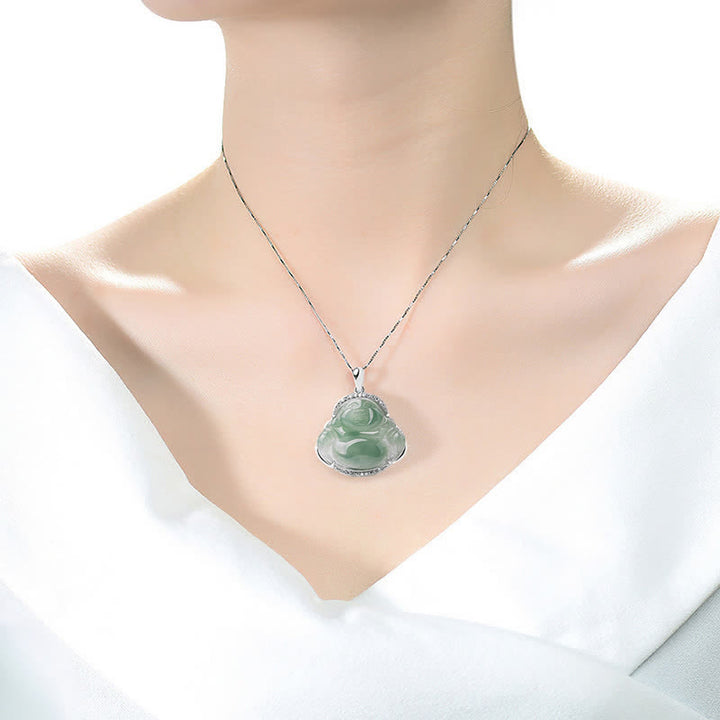 Buddha Stones 925スターリングシルバー象嵌グリーンジェイド笑う仏陀幸運ペンダントチタン鋼チェーンネックレス - image 9