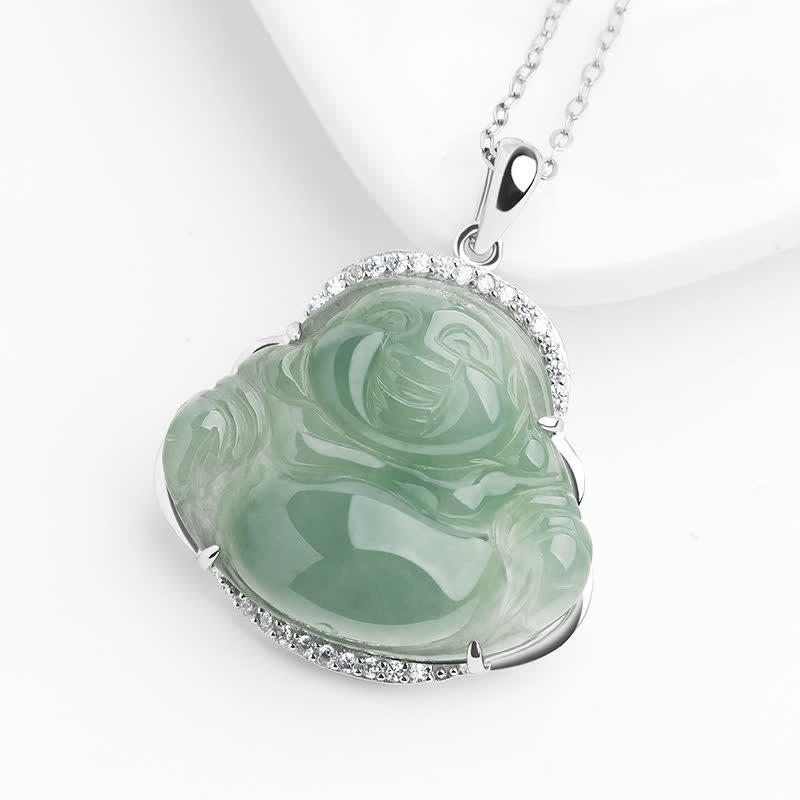 Buddha Stones 925スターリングシルバー象嵌グリーンジェイド笑う仏陀幸運ペンダントチタン鋼チェーンネックレス - image 3