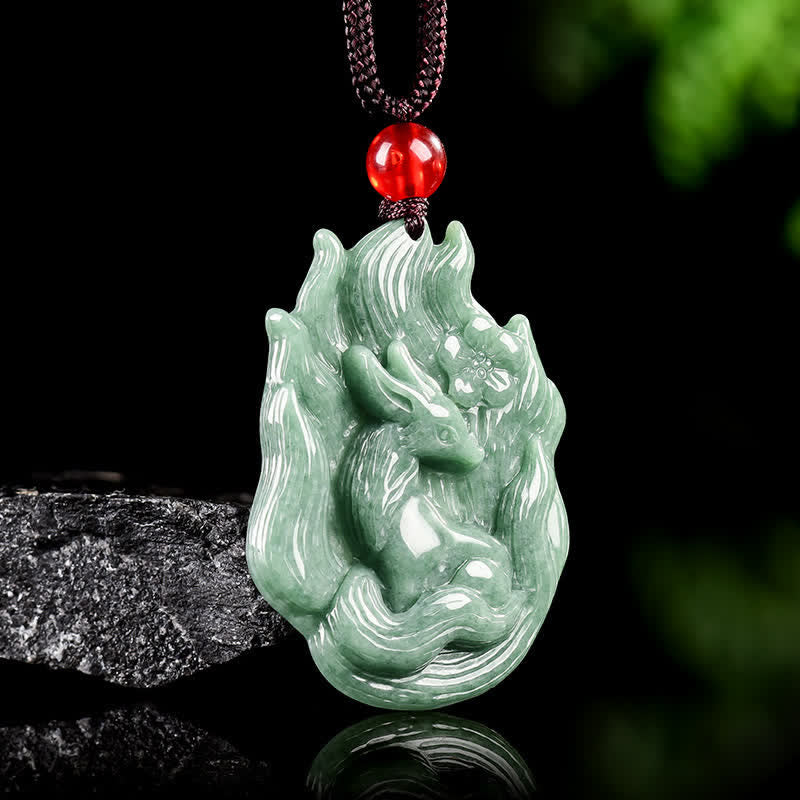 Buddha Stones 翡翠の九尾狐の幸運を象徴するレリーフ彫刻ペンダントネックレス - image 1